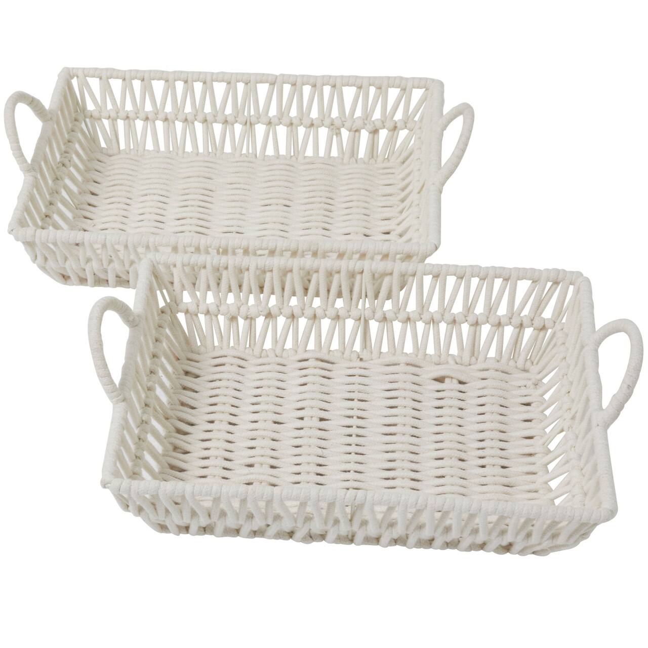 White Cotton Handmade Woven Storage Basket with Handles Set of 2 19", 18"
